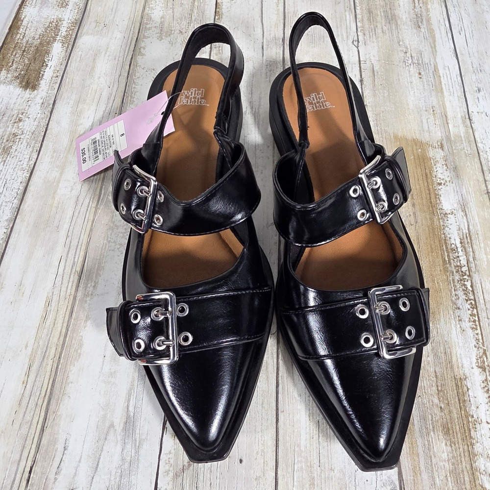 Wild Fable Black Pointed Toe Buckle Slingback Flat Grommet Punk Shoes Size 8 NWT - Picture 8 of 10